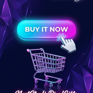 Digital graphic featuring a neon shopping trolley, a glowing "BUY IT NOW" button, and a hand cursor. The words "Thank You" and "NestStudioPixelGifts" are displayed on a dark blue and purple geometric background.