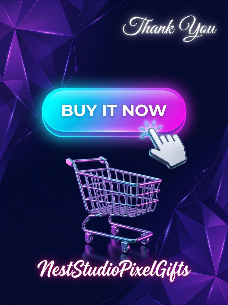 Digital graphic featuring a neon shopping trolley, a glowing "BUY IT NOW" button, and a hand cursor. The words "Thank You" and "NestStudioPixelGifts" are displayed on a dark blue and purple geometric background.