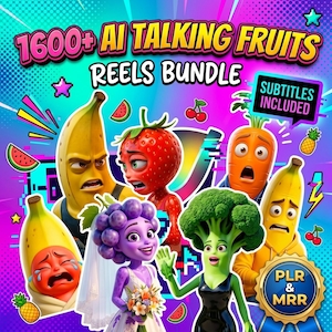 May include: A digital graphic featuring 1600+ AI Talking Fruits Reels Bundle with subtitles included. The image displays various animated fruit characters including a banana, strawberry, carrot, grape, and broccoli against a vibrant background.