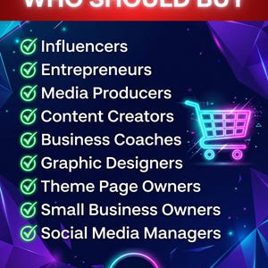 A digital graphic with the text "WHO SHOULD BUY" in white on a red banner. Below, a list of professions including Influencers, Entrepreneurs, and Graphic Designers, each with a green checkmark. A neon shopping cart graphic is on the right.