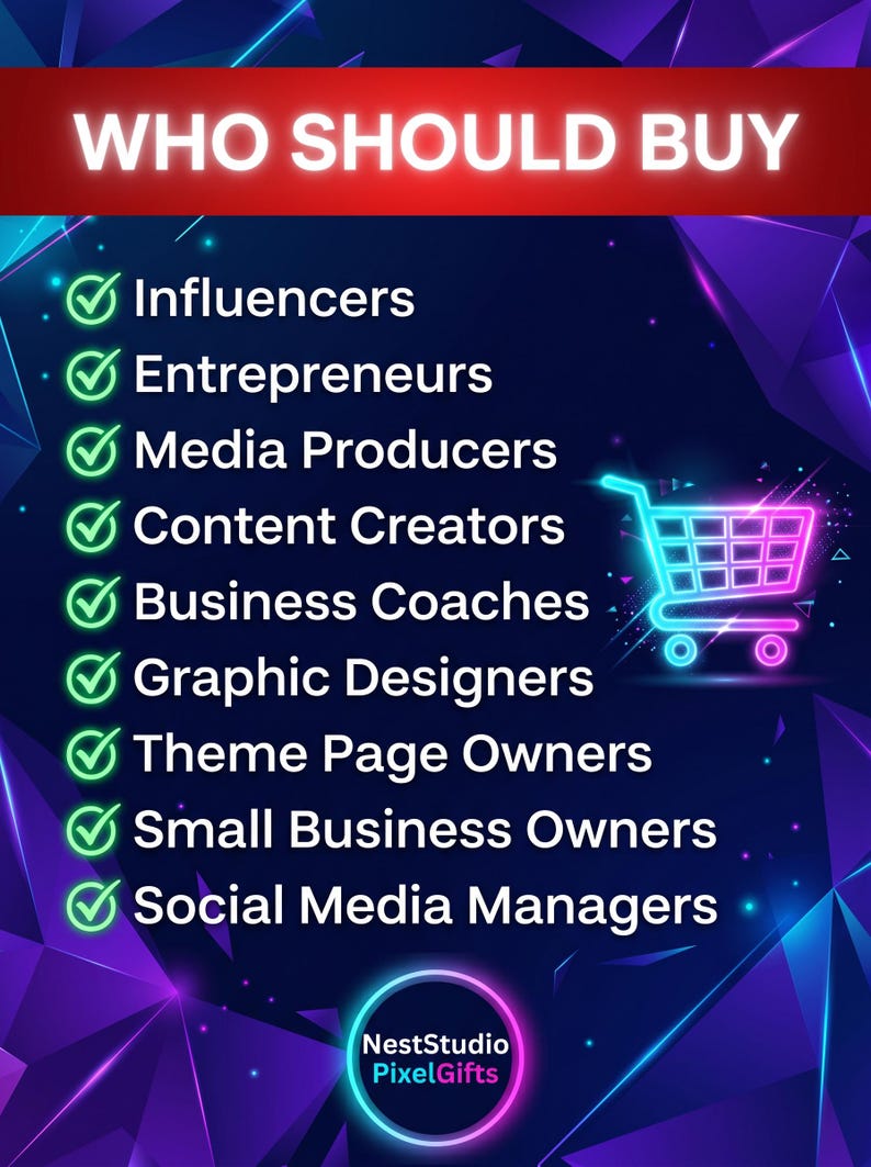 A digital graphic with the text "WHO SHOULD BUY" in white on a red banner. Below, a list of professions including Influencers, Entrepreneurs, and Graphic Designers, each with a green checkmark. A neon shopping cart graphic is on the right.