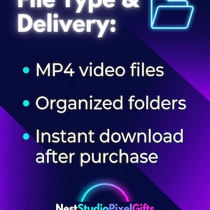 A digital graphic with a purple and blue gradient background. Text reads "File Type & Delivery:" followed by bullet points: MP4 video files, organised folders, and instant download after purchase. The logo "NestStudioPixelGifts" is at the bottom.