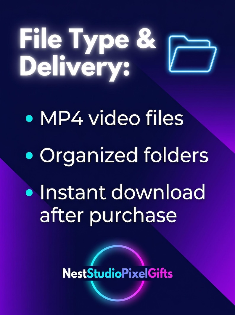 A digital graphic with a purple and blue gradient background. Text reads "File Type & Delivery:" followed by bullet points: MP4 video files, organised folders, and instant download after purchase. The logo "NestStudioPixelGifts" is at the bottom.