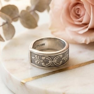 Spoon Ring | Vintage Stainless Steel Silverware Ring, 1970s Fleur-de-Lis Pattern, Handmade Statement Band