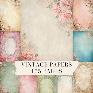 May include: A collection of vintage papers with floral and ornate designs. The papers feature a variety of colors, including beige, pink, and green. The text "VINTAGE PAPERS 175 PAGES" is displayed across the image.