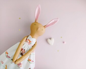 Dark doll Fabric doll Baby room d\u00e9cor Girls birthday gift Rabbit plush Rabbit doll Unique doll Textile art doll Handmade bunny