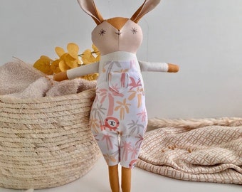 Handmade Little Rabbit Doll, Cooper in dungarees - rag doll, unsiex doll, soft toy, kids toy, plushie