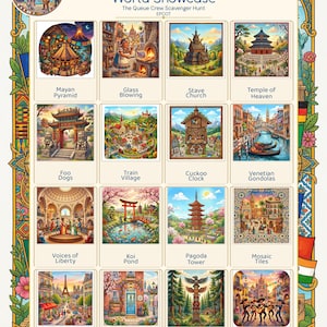 Pode incluir: Uma ilustração colorida intitulada "World Showcase" com vários marcos e cenas culturais. A imagem inclui representações de uma Pirâmide Maia, da Torre Eiffel e de uma Banda Mariachi, entre outros. O texto "The Queue Crew Scavenger Hunt" também é visível.