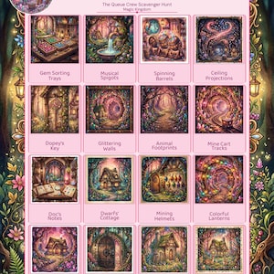 Pode incluir: Um tabuleiro de jogo colorido intitulado "Seven Dwarfs Mine Train" com várias ilustrações temáticas. O tabuleiro inclui imagens de bandejas de classificação de gemas, torneiras musicais e uma casa de anões. O texto "The Queue Crew Scavenger Hunt" também é visível.