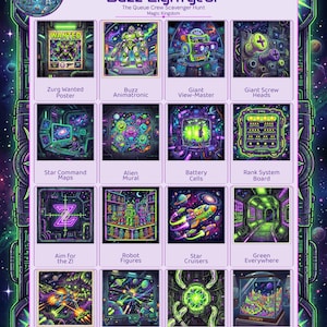 May include: A colorful Buzz Lightyear themed scavenger hunt game board. The board features various illustrations with text labels such as "Zurg Wanted Poster", "Buzz Animatroinc", and "Star Cruisers". The game board is set against a space-themed background.