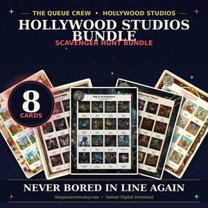 Pode incluir: Um pacote de download digital de cartões de caça ao tesouro do Hollywood Studios. A imagem mostra oito cartões, com o texto "8 CARDS" em um círculo. Os cartões apresentam várias imagens temáticas e o texto "NEVER BORED IN LINE AGAIN".