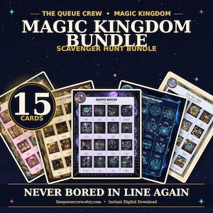 Pode incluir: Um conjunto de 15 cartões, o "Magic Kingdom Bundle Scavenger Hunt Bundle", com designs temáticos como "Haunted Mansion" e "Space Mountain". O texto "Never Bored In Line Again" também é exibido. Ideal para uma caça ao tesouro.