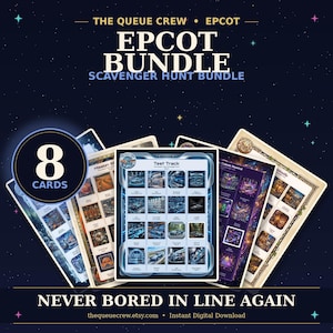 Pode incluir: Um pacote de caça ao tesouro EPCOT com 8 cartões. Os cartões apresentam várias atrações e incluem o texto "Test Track" e "Mission Space". O texto "Never Bored In Line Again" também está incluído.