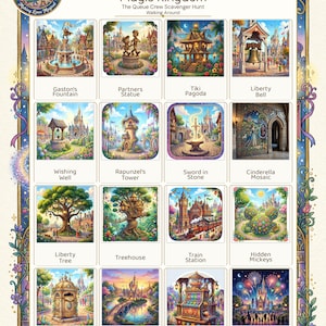 Pode incluir: Uma ilustração colorida de uma caça ao tesouro do Magic Kingdom, com vários pontos de referência do parque, como a Fonte de Gaston, a Estátua dos Parceiros e o Mosaico da Cinderela. A imagem inclui o texto "Magic Kingdom" e "The Queue Crew Scavenger Hunt Walking Around."
