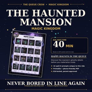 Pode incluir: Um anúncio de download digital para "The Haunted Mansion" no Magic Kingdom. O fundo azul escuro apresenta o texto "The Haunted Mansion" e "Magic Kingdom". A imagem inclui uma grade de prompts spot-it e indica que o tempo médio de espera é de 40 minutos.