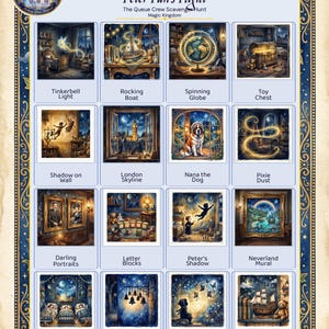 Puede incluir: Un tablero de juego decorativo de búsqueda del tesoro de Peter Pan's Flight. El tablero presenta 16 cuadrados ilustrados con escenas y personajes de la historia de Peter Pan, incluyendo Campanilla, London Skyline y un juguete de barco pirata.