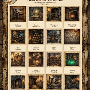 Pode incluir: Um jogo de tabuleiro temático intitulado "Piratas do Caribe" com várias ilustrações. As imagens incluem um esqueleto no mastro, um navio pirata, um mapa do tesouro e uma bandeira pirata. O jogo de tabuleiro tem uma aparência vintage e envelhecida.