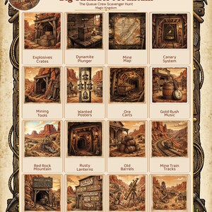 Pode incluir: Um tabuleiro de jogo de caça ao tesouro temático intitulado "Big Thunder Mountain". O tabuleiro apresenta ilustrações de ferramentas de mineração, cartazes de procurados e outros elementos relacionados ao tema da corrida do ouro. O texto "The Queue Crew Scavenger Hunt" também é visível.