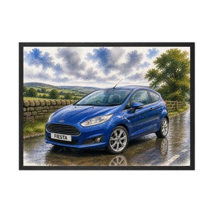 May include: A blue Ford Fiesta car is depicted on a wet road. The hatchback has silver wheels, and the word "Fiesta" is displayed on the front. The background features a stone wall, trees, and a cloudy sky.