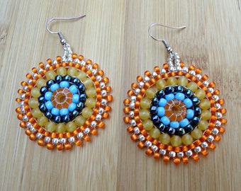 Tangerine and yellow chalcedony:Circular brick stitch earrings,toho seed beads hoop earrings