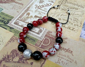 Shamballa//macrame bracelet,black,silver,red and white glass beads adjustable bracelet