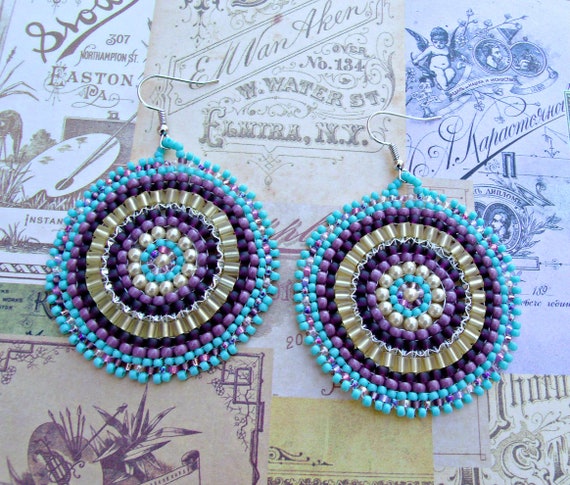 Lavender&turquoise Circular Brick Stitch Earringsbeaded Disc - Etsy