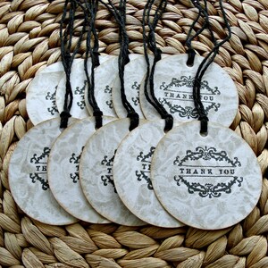 Large round stamped thank you tags,set of 10,handmade cardstock gift tags with twine