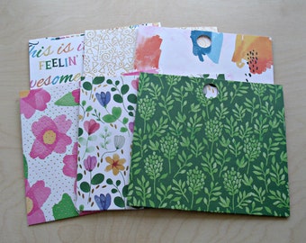 Wild flourish:Set of 6 variety flat gift bags,printed cardstock,floral,spring,no gusset