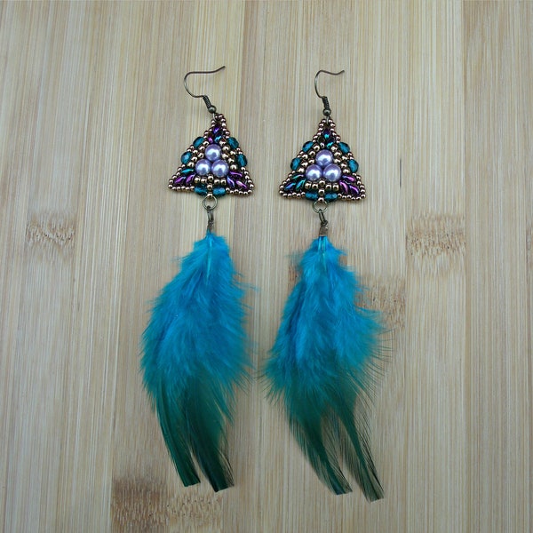 Rooster's tail:Feather earrings,beadwork triangle earrings,long earrings,super duo and seed beads earrings