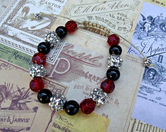 Bracelet Shamballa/macrame, rouge, noir, argent, bracelet cordon de coton réglable