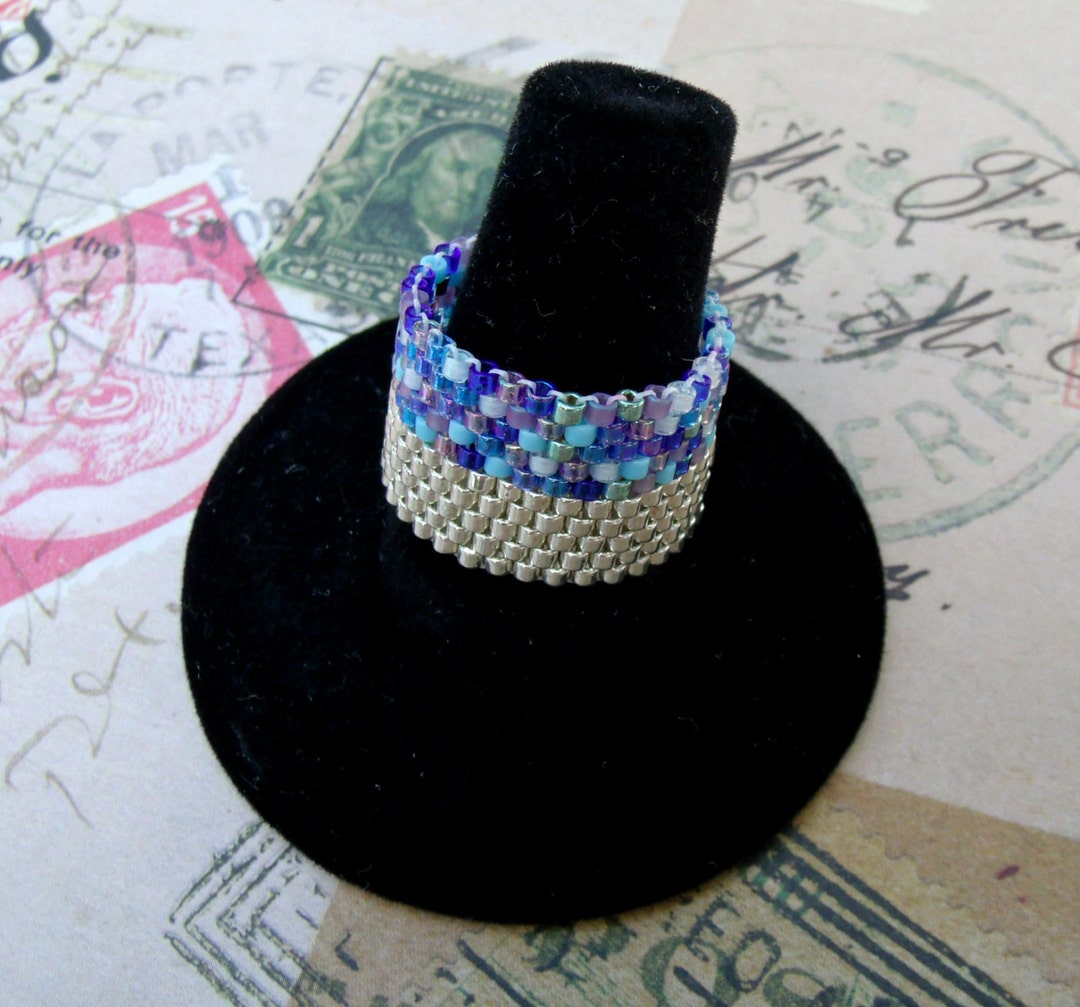 Peyote Beaded Ring,miyuki Delica Beads Ring,silver and Blue Seed Bead ...
