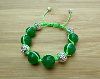 Green jade and silver glitter shamballa/macrame bracelet,gemstone bracelet,adjustable woven bracelet