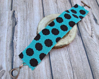 Polka dot 2 drop peyote bracelet,brown and turquoise miyuki delicas beadwork cuff bracelet