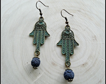 Hamsa hand and lava earrings,turquoise patina earrings,bronze dangle earrings,evil eye,protection jewelry