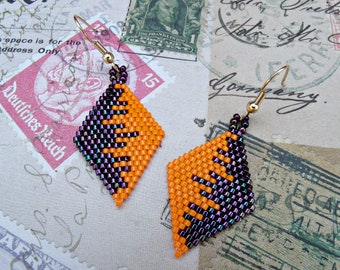 Brick stitch earrings,miyuki delica earrings,orange//purple,beadwork earrings,diamond shaped earrings