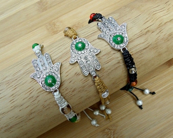 Hamsa hand rhinestone macrame bracelet,silver tone,adjustable,women's seed bead braided bracelet,3 options to choose