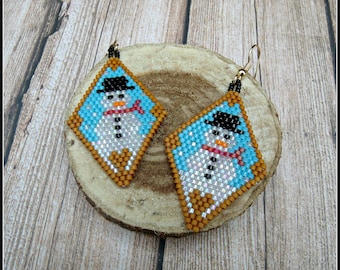 Snowman brick stitch earrings,miyuki delica seed bead earrings,Christmas earrings