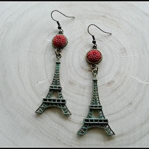 Eiffel tower patina earrings,resin cabochon earrings,antique bronze dangle earrings