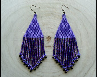 Long Purple Fringe Earrings: Miyuki & Czech Glass Seed Bead Jewelry