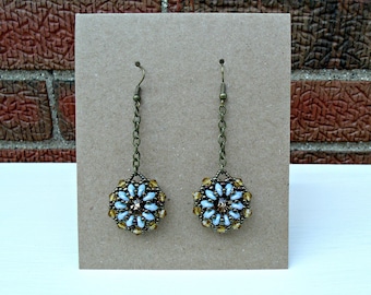 Rivoli dangle earrings,Swarovski and superduo,toho seed bead bezeled earrings