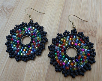 Rainbow Miyuki Seed Bead Hoop Earrings: Black Brick Stitch