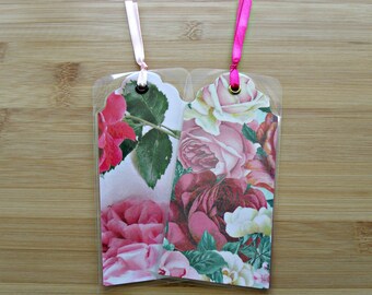 Set of 2 rose bookmarks,printed cardstock laminated bookmarks with eyelets and ribbons,gift for readers