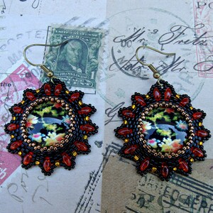 Gardens in the east:Glass cabochon earrings,delicas,seed beads and superduo bezeled earrings