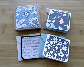 Floral Mini Note Card Set: Navy, 3x3 Boxed Cards with Envelopes