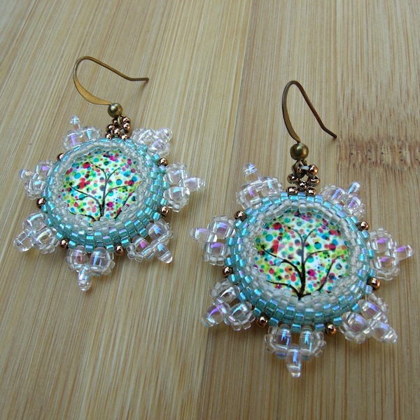Tree of life:18mm round cabochon earrings,bezeled earrings,twin beads and delicas earrings,seed bead earrings