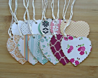 Scalloped Heart Gift Tags: Set of 12 Handmade Paper Tags with Twine
