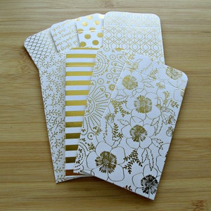 White&Gold paper pockets//sachets,set of 8,gold foiled variety cardstock pouches,no flap