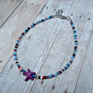 Purple starfish beaded anklet,dyed howlite and czech glass seed bead ankle bracelet