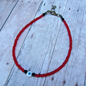 Evil eye beaded anklet,red seed bead anklet,bronze tone ankle bracelet