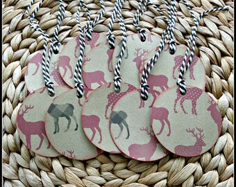 Reindeers:Holiday gift tags,set of 10,round cardstock Christmas tags with twine